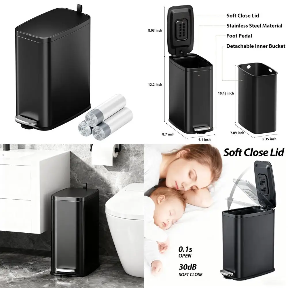 

1.6 Gallon Slim Black Step-On Trash Can with Lid, Stainless Steel Wastebasket for Bathroom, Toilet, Bedroom, Office