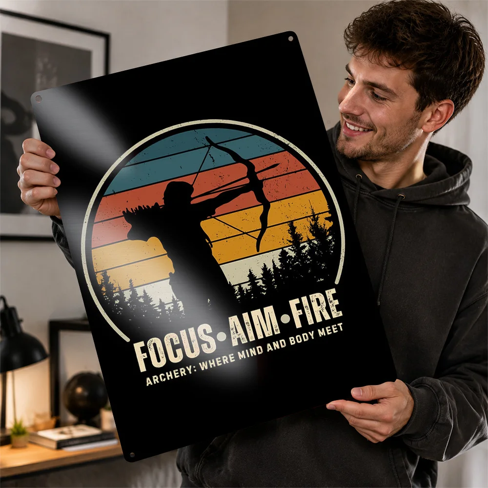 Focus Aim Fire Archery Retro Design 3D Texture Printed Poster Custom Vintage Metal Tin Plate Sign for Wall Art Decoration Room