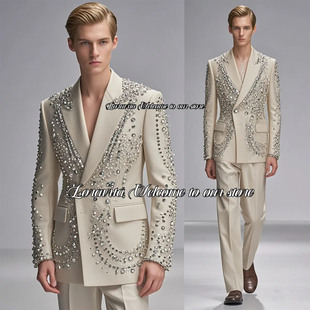 Luxury Sparkling Diamond Tuxedos Men Suit Double Breasted Wedding Groom Male Prom Blazers 2 Pieces Slim Terno Masculino Completo