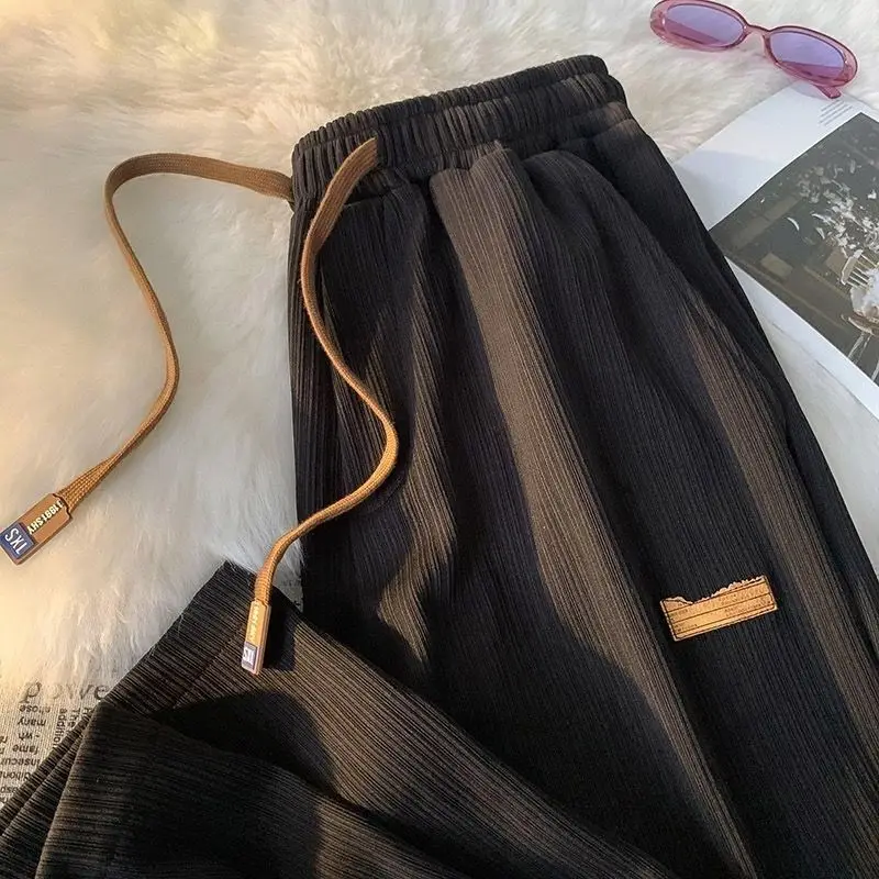 Summer Fashion New Men Loose Solid Color Comfortable Elastic Waist Pants Black Casual Loose Thin Style Pockets Drawstring Pants