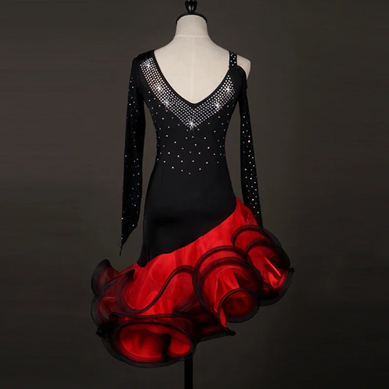 2026 Red Latin Dance Competition Costume Sexy New Adult Wear Women Midi Dress Ballroom Clothes Girl Sport Party Skirt Customized