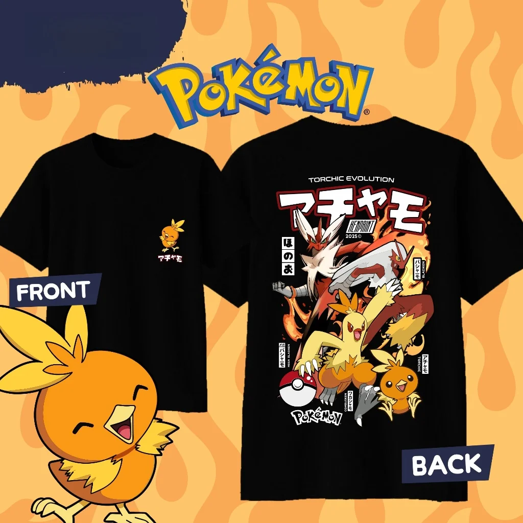 Anime Pokémon Torchic Evolution Cotton T-shirt for 2026 Summer Men's and Women's Fashion Casual Cosplay Short Sleeved T-shirt