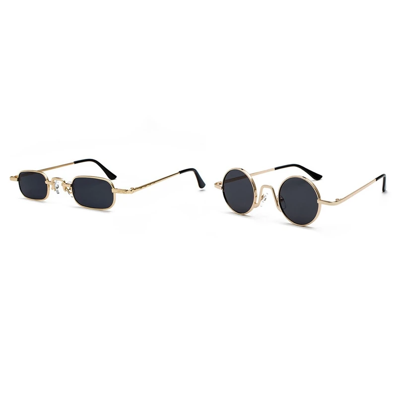 2Pcs Retro Punk Glasses Clear Sunglasses Female Retro Sunglasses Men Metal Frame Black Gray + Gold - Round & Square