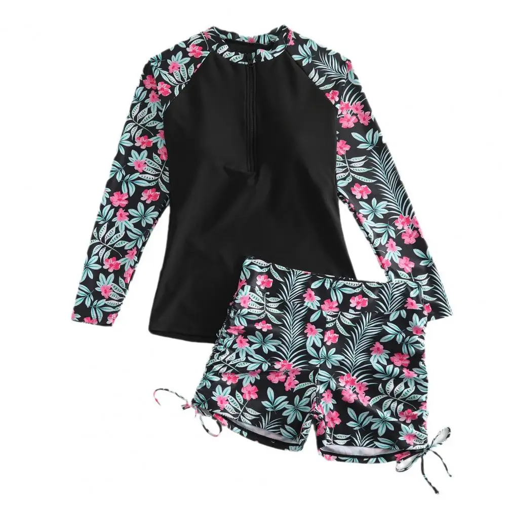 High-waisted Swimsuit Long-sleeved Swimsuit Floral Print Women's Swimsuit Set with Round Neck Zipper for Surfing for Ladies