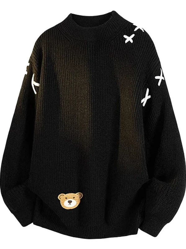 

Cartoon Bear Embroidered Knitwear Men's round Ne Pullover Sweater Inner Wear Casual Sle Color Blo Soft Polyester Fiber