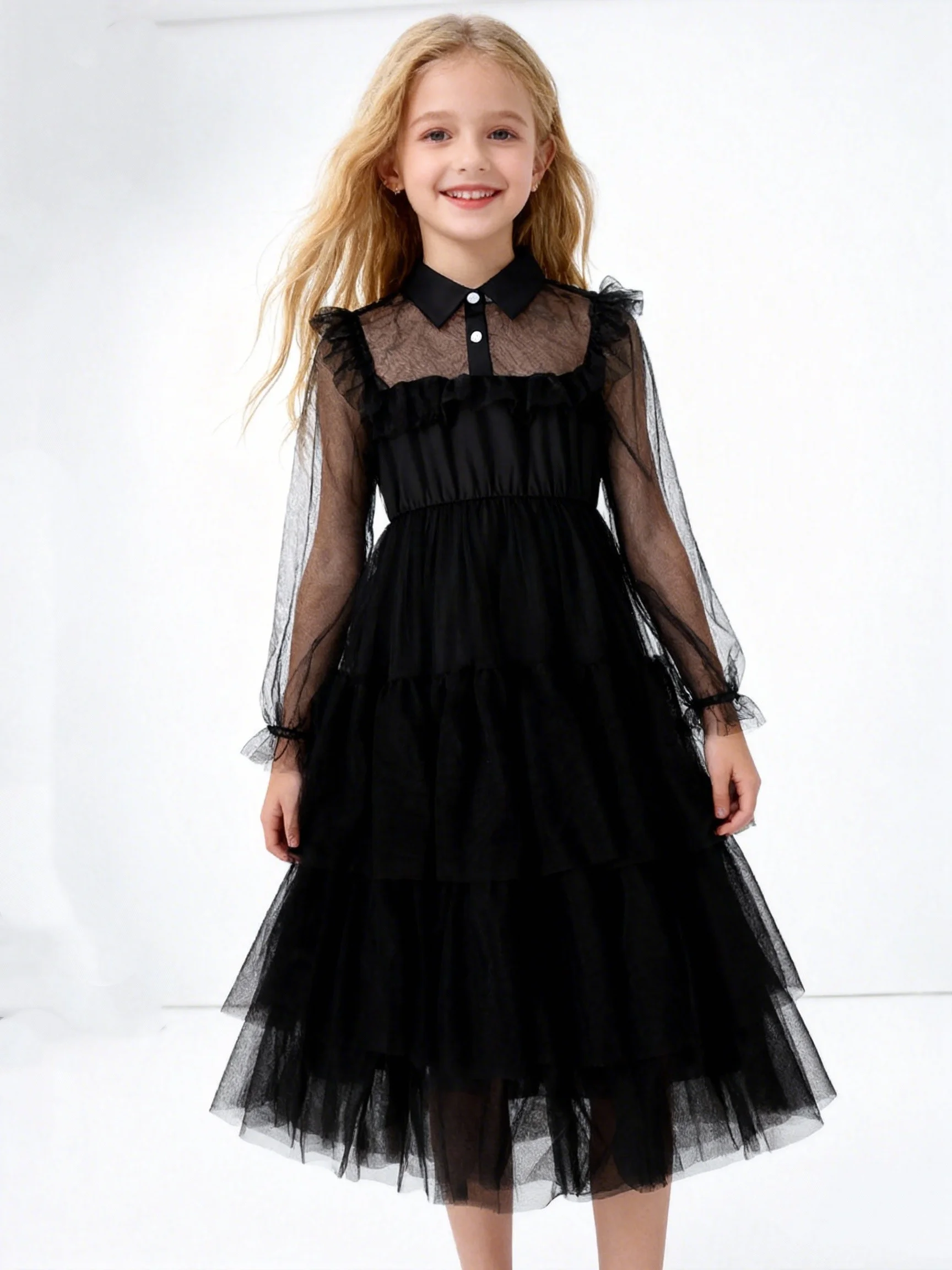 

Summer New Cute Transparent Long Sleeve Collar Mesh Multi Layer Cake Skirt For Girls Medium Length Casual Dress