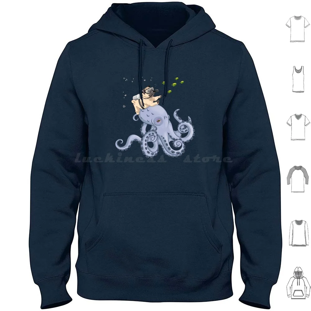 

Scuba Pug Riding Octopus Funny Gift Hoodie Cotton Long Sleeve Pug Dog Breed Baby Puglet Cute Animal Funny Cheerful Playful