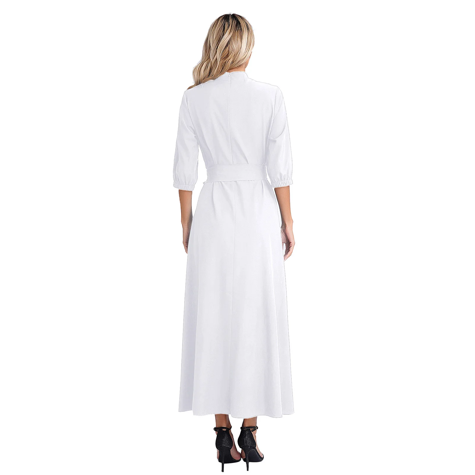 Womens Liturgical Robe Tab Collar Priest Pastor Preacher Cosplay Costume Church Clergy Gown Minister Maxi Long Dresses with Belt