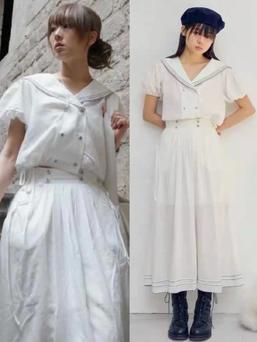 

Fletta 2024 New Short Double-Buttoned Navy Collar Women's Shirt Top Half-Skirt Two-Piece Set Korean Style Cotton Pure Color