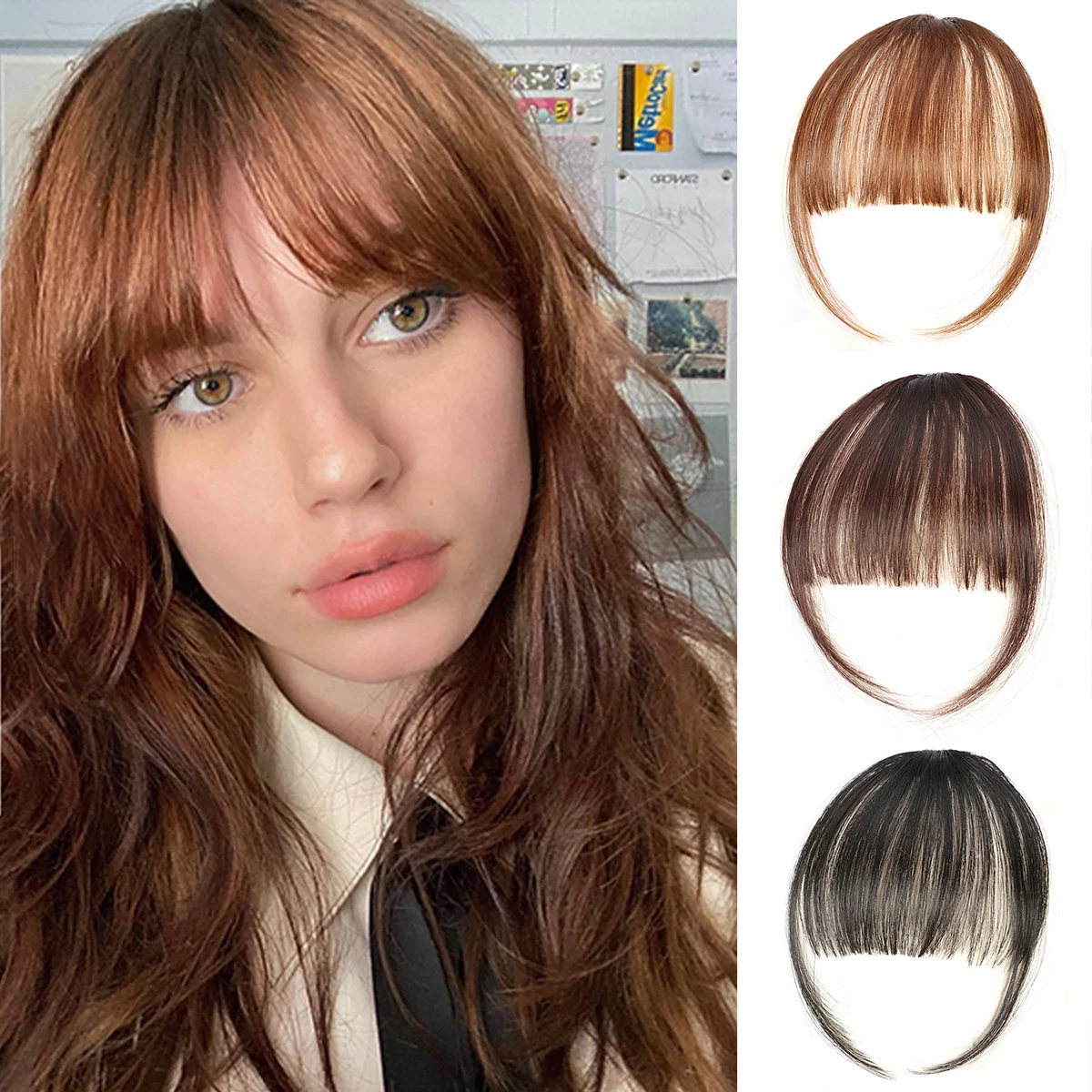 

Clip style bangs clip style hair extensions, dark brown air bangs fringe with sideburns, women's daily wear with curved bangs