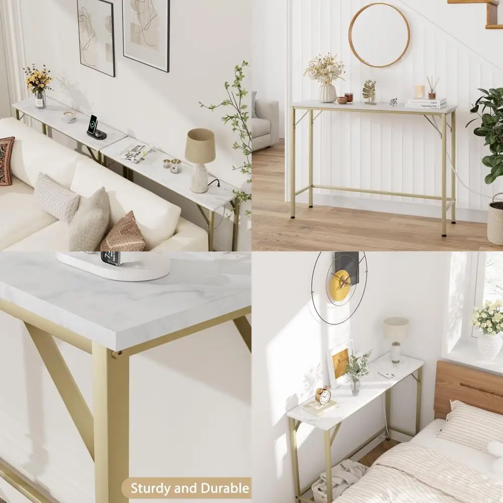 

Тонкий консольный столик 9.1 с розетками, диван-стол для гостиной, стол для промышленных прихожей из металла и МДФ, золото