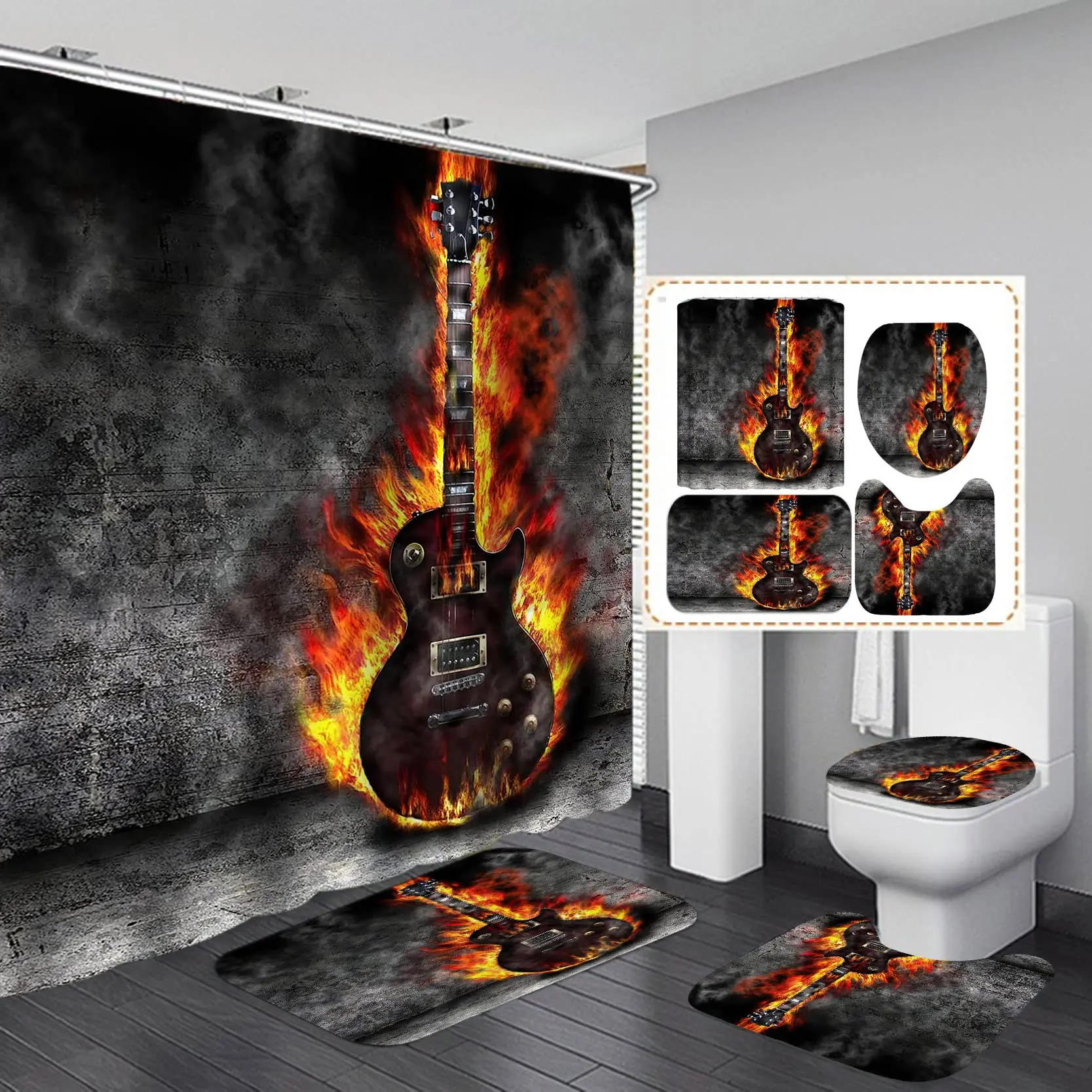 4PCS Fire Burning Electric Guitar Shower Curtain Sets, Stone Wall Modern Bathroom Sets Waterproof,Non-slip Bath Rugs Toilet Mat