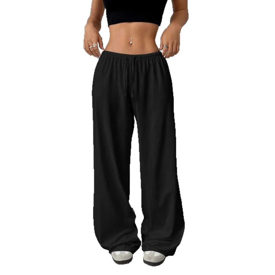 Exploding European and American women's clothing solid color trousers elastic waist lace-up wide-leg casual pants