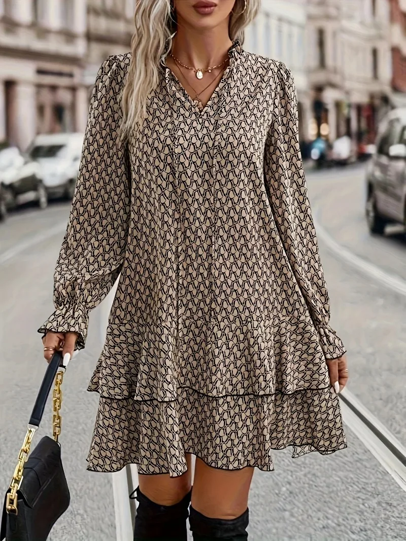 

Plus Size 1XL-5XL Women's Fashion Print Flare Sleeve Ruffle Loose Dress Ladies V-neck Casual Long Sleeve Party Dress
