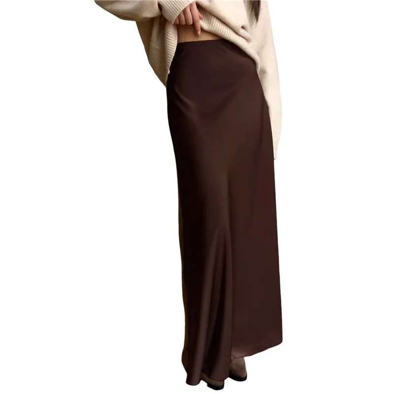 ASDS-Damen-Maxiröcke aus Satin mit hoher Taille und langem Reißverschluss in A-Linie