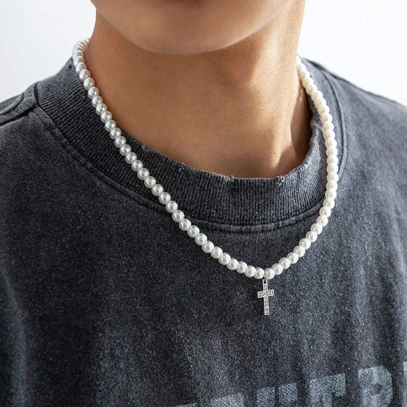 Cool Y2K Choker Neck Chains for Men Korean Fashion Pearl Necklace Cross Pendant with Rhinestone Teenager Pearl Choker Jewelry