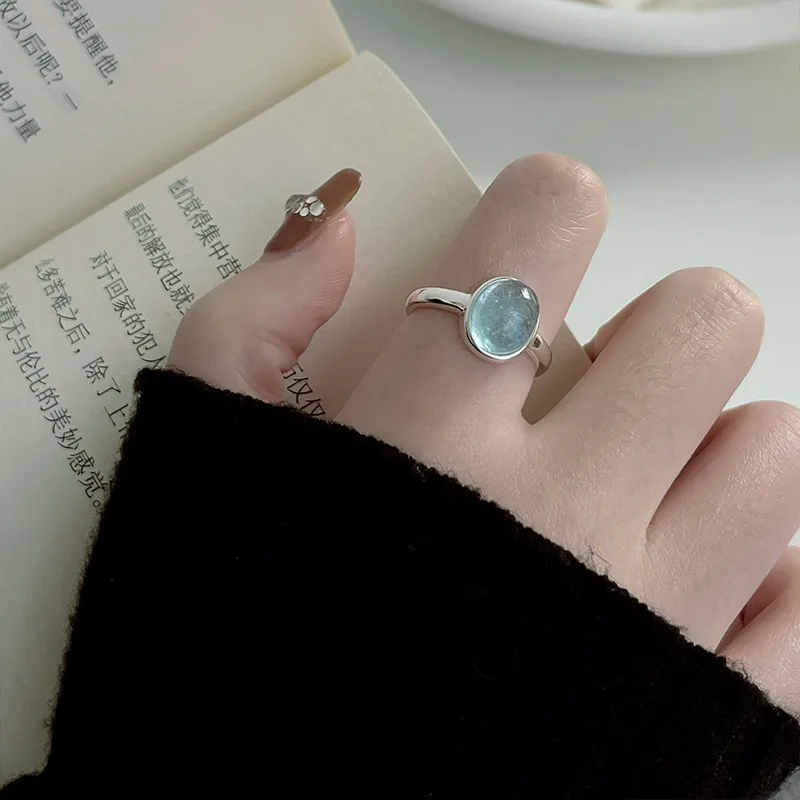 Anillos de plata de moda para mujeres y niñas, piedra azul ovalada, anillos de dedo ajustables simples, banda de moda, bisutería femenina