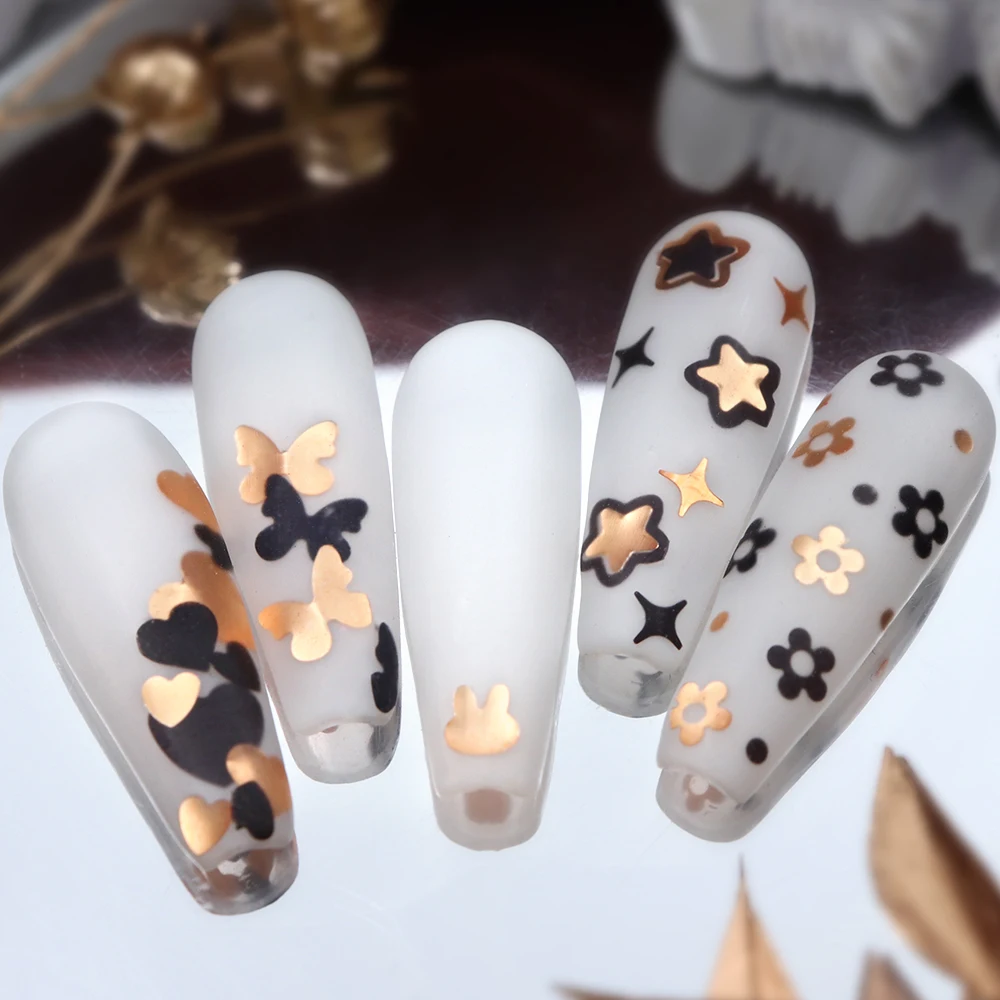 Black Golden Butterfly Flowers Nail Art Sequins Star Design Nails Charms for Gel Nail Polish Manicure Decoration Accessories