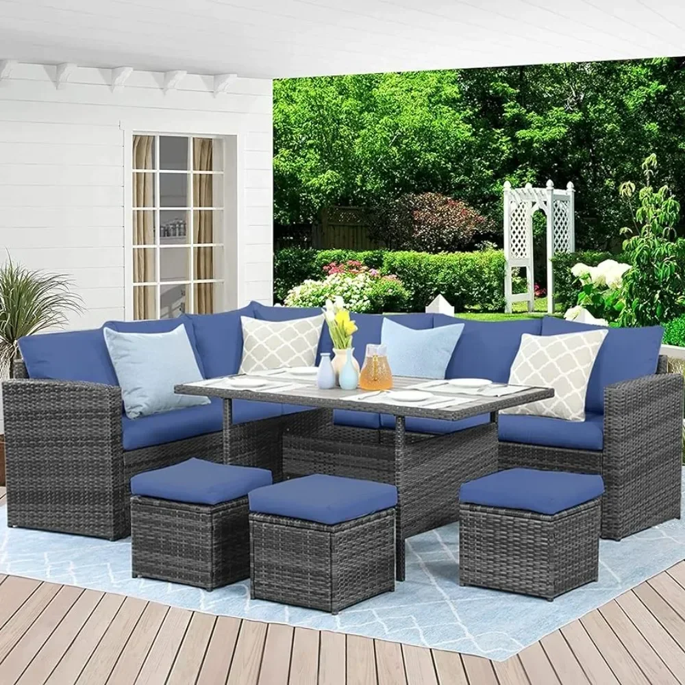 

Outdoor Patio Furniture Set,7 Piece Set Outdoor Dining Section Sofa with Dining Table and Chairs,All Day Wicker Conversation Set