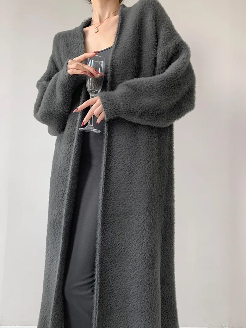 European American Style Mohair Knitted Cardigan Women\'s 2024 Autumn/winter New Solid Loose Long Sleeve Soft Sweater Coat GKIT