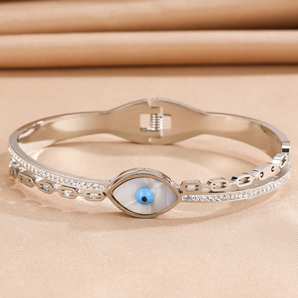 

Personality Blue Devil Eye Bangle For Women Man Stainless Steel Inlaid Zircon Simple Spring Buckle Cuff Bracelet Halloween Gifts