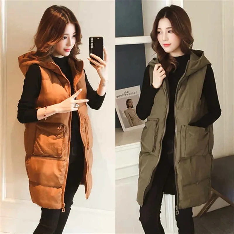 

Hooded Vest Women Mid-length Coat Winter New Korean Student Fashion Casual All-match Cotton Vest Jacket Fat MM Cardigan A914