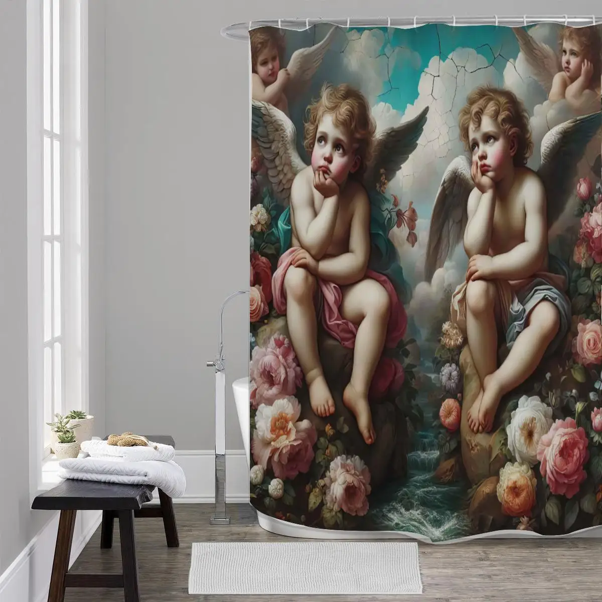 Beautiful Angelic Nursery Shower Curtain Floral Baby Art Bathroom Decor Waterproof Shower Curtain