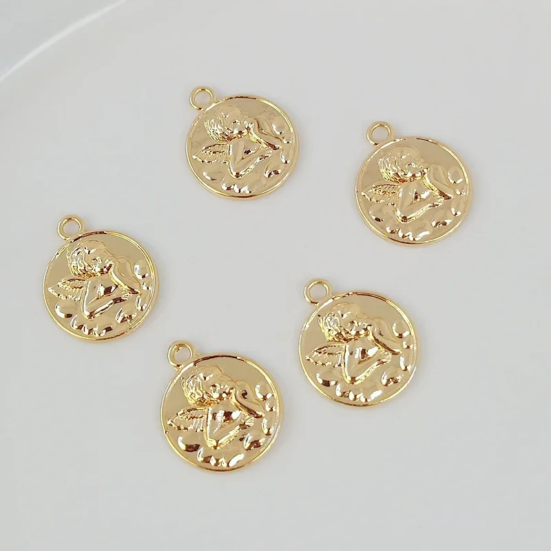 

Copper-plated 14K Real Gold Angel Coin Round Tag Bracelet Necklace Pendant DIY Accessory, Diameter 15mm