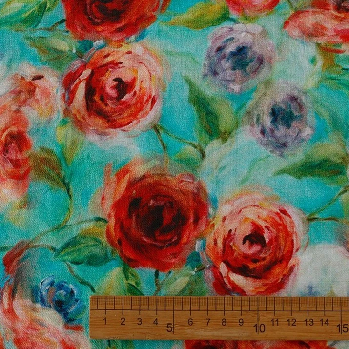

1yard Rustic Rose Print tela high quality pure flax fabric dress shirt bag cheongsam fabric for clothing