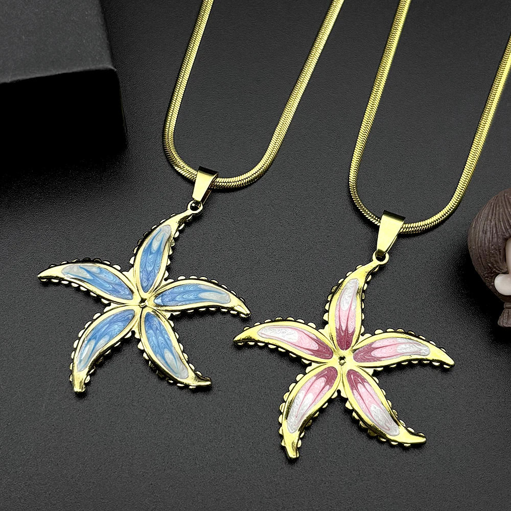 

Fashion Colorful Enamel Starfish Pendant Necklace for Women Stainless Steel Gold Color Summer Sea Snake Chain Jewelry Gift