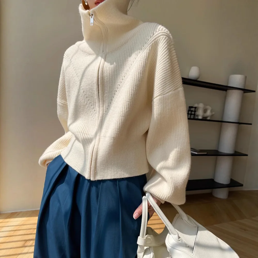 Temperament Elegant Lazy Style Zipper Knitted Cardigan Fashion Autumn and Winter 2026 Casual Loose Soft Waxy Sweater Jacket Top