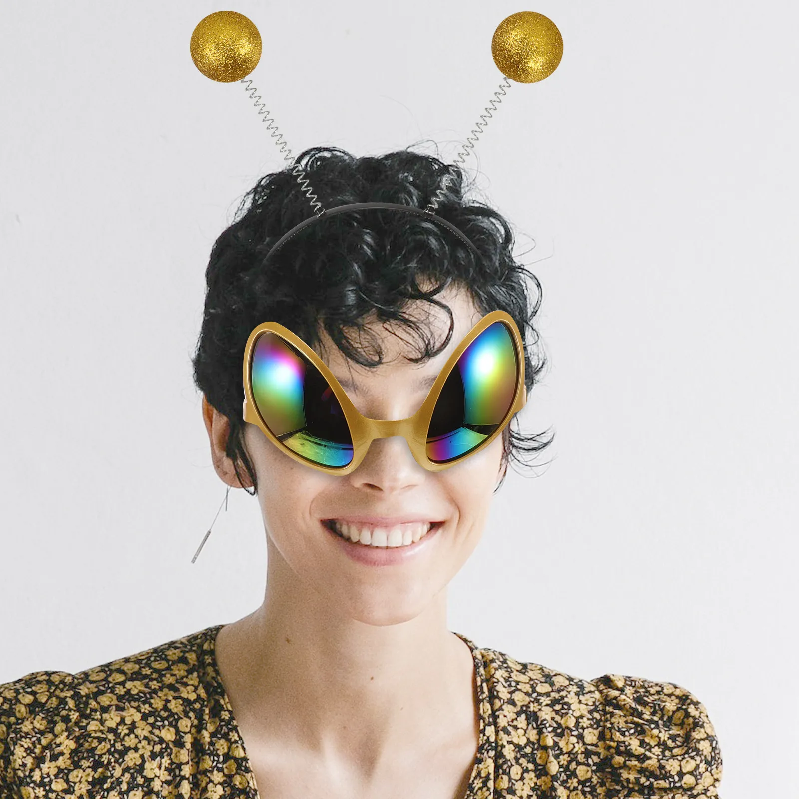 Funny Sunglasses with Antenna Headband Rainbow Lens Cosplay Party Costume Accessories for Adults Halloween Fun Wear