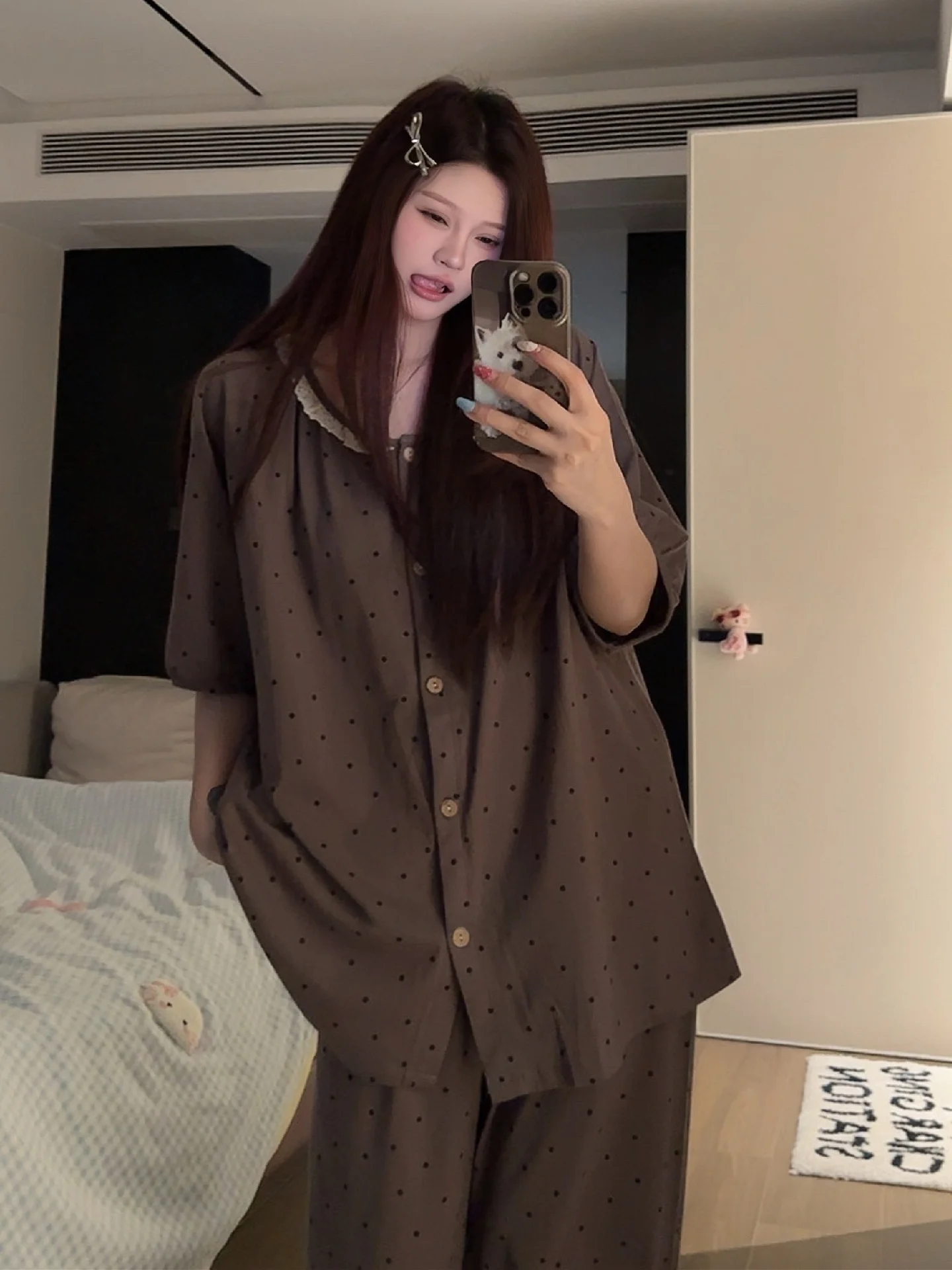 

Retro Polka Dot Lace Cotton ort Sve Spwear Women's Loose Home Clothes Set Suitable for Outdoor Wear Spring Summer