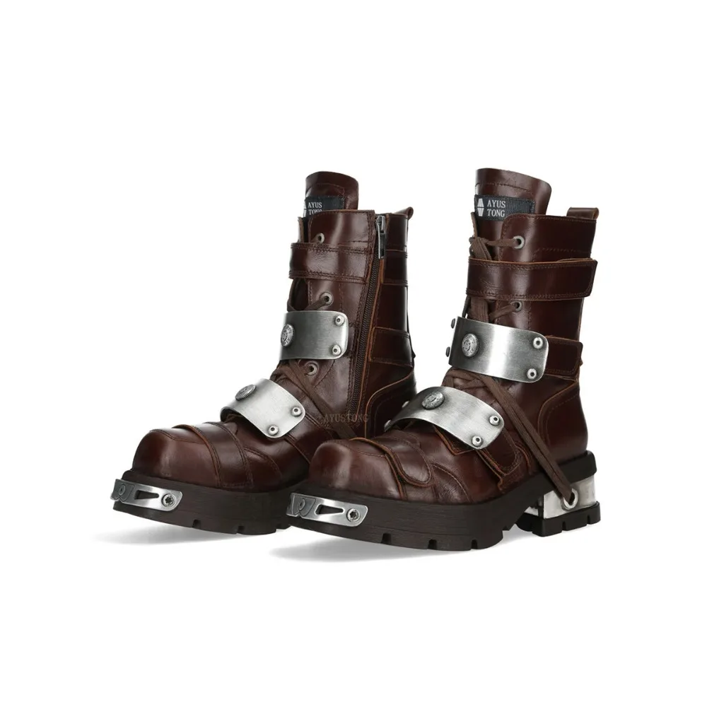 Fashion Leather Motorcycle Boots Black Metal Buckle Mid-Calf Combat Boots Men Platform Chunky Heel Punk Rock Goth Shoes