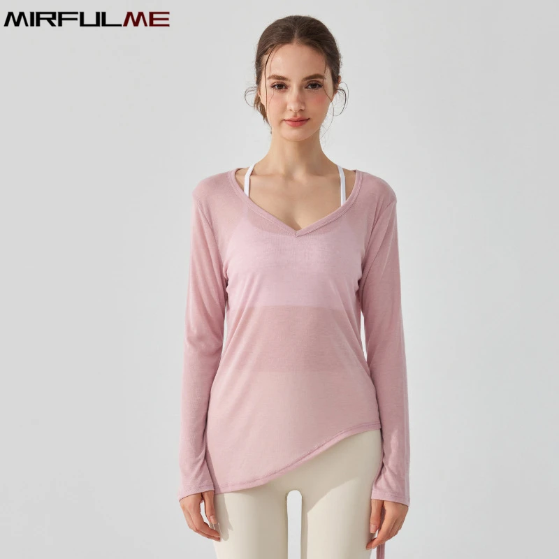 Women Loose Yoga Sport Shirts V-Neck Long Sleeves Running Sweatshirts Thin Breathable Bandage Tops Girls Gym Fitness Tops Blouse