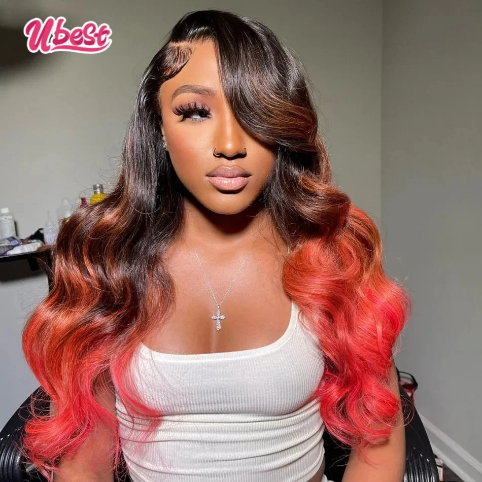 13x6 Ombre Pink Color Body Wave Lace Front Human Hair Wig 200 Density Brazilian Transparen Lace Frontal Wig For Women