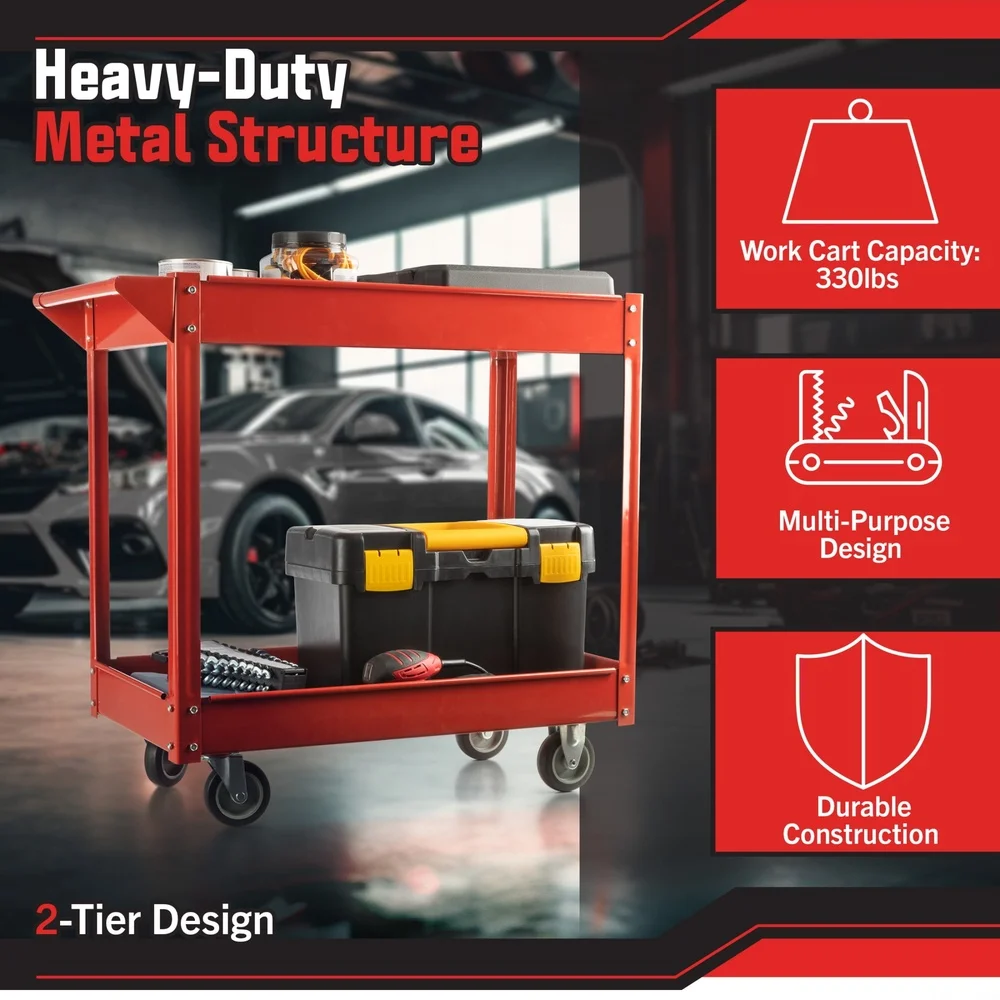 2-Tier Rolling Tool Cart Utility Service Cart with Wheels Heavy Duty Maintenance Garage Storage Mobile Work Cart 330lb