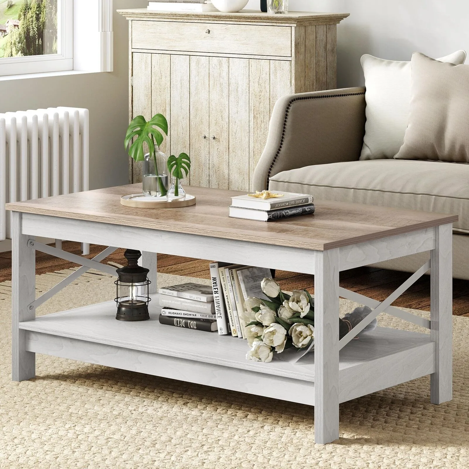 

US 2 Tier Wood Coffee Table with Storage Shelf Modern Center Table Living Room