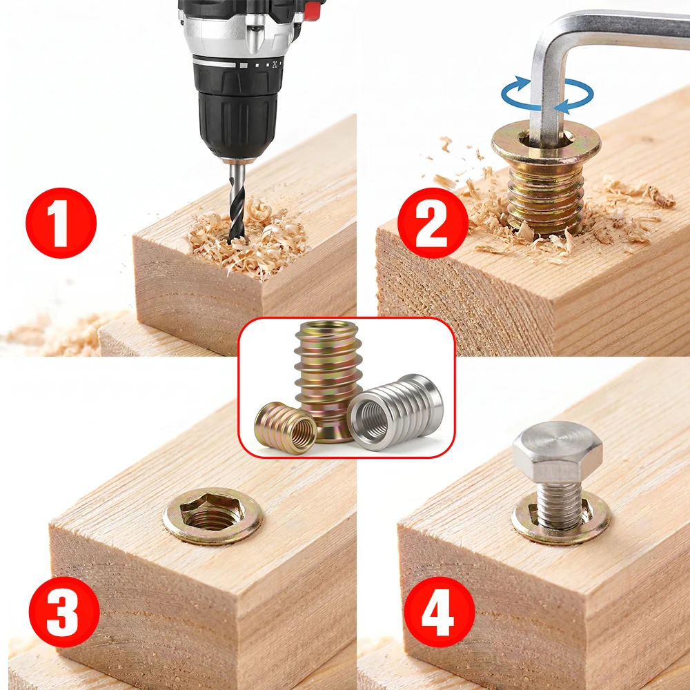 M4 M5 M6 M8 M10 Zinc Alloy Furniture Insert Nut 304 Stainless Steel Hex Socket Thread Embedded Nuts for Wood Bed Cabinet 5-20pcs