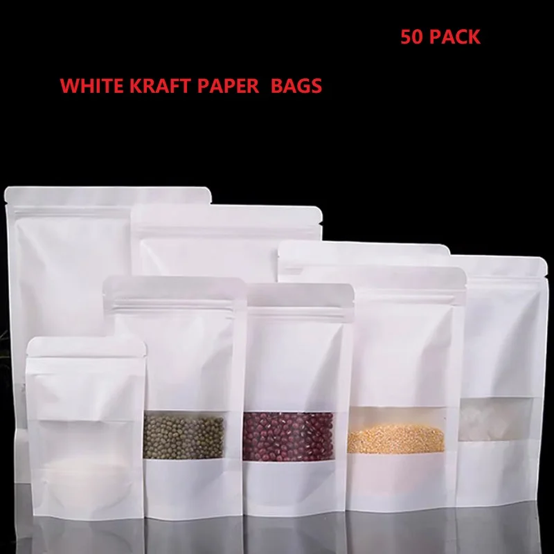 White Kraft Paper Bags Stand Up Candy Tea Dried Fruit Gift Packaging Moisture-proof Visual Frosted Window Pouch 50Pcs