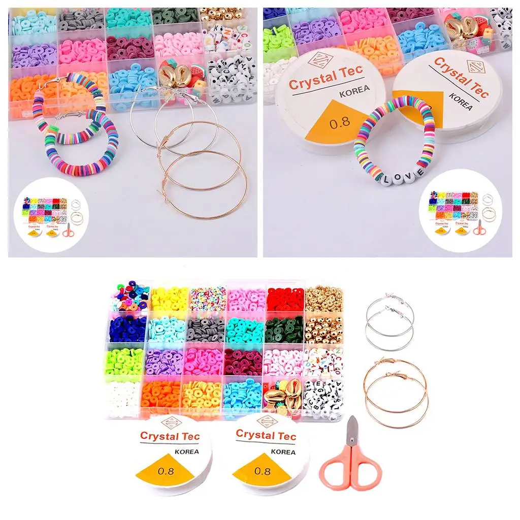 Perles d'espacement en argile polymère avec kit de ciseaux à pendentif, 24 sortes