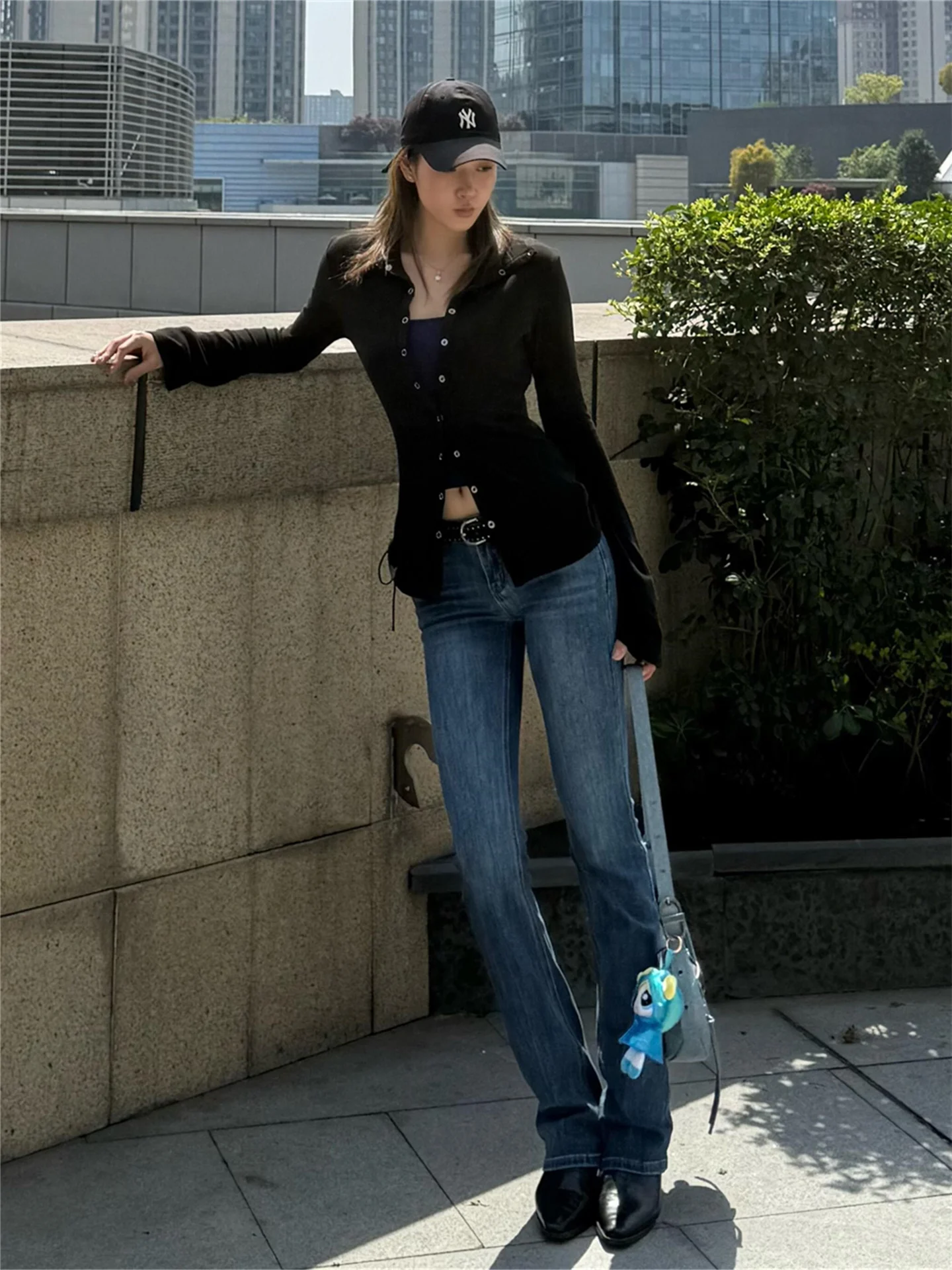 Retro American Street Blue Flared Jeans Women Summer Slimming Tight Design Casual Floor-Length Casual Pants