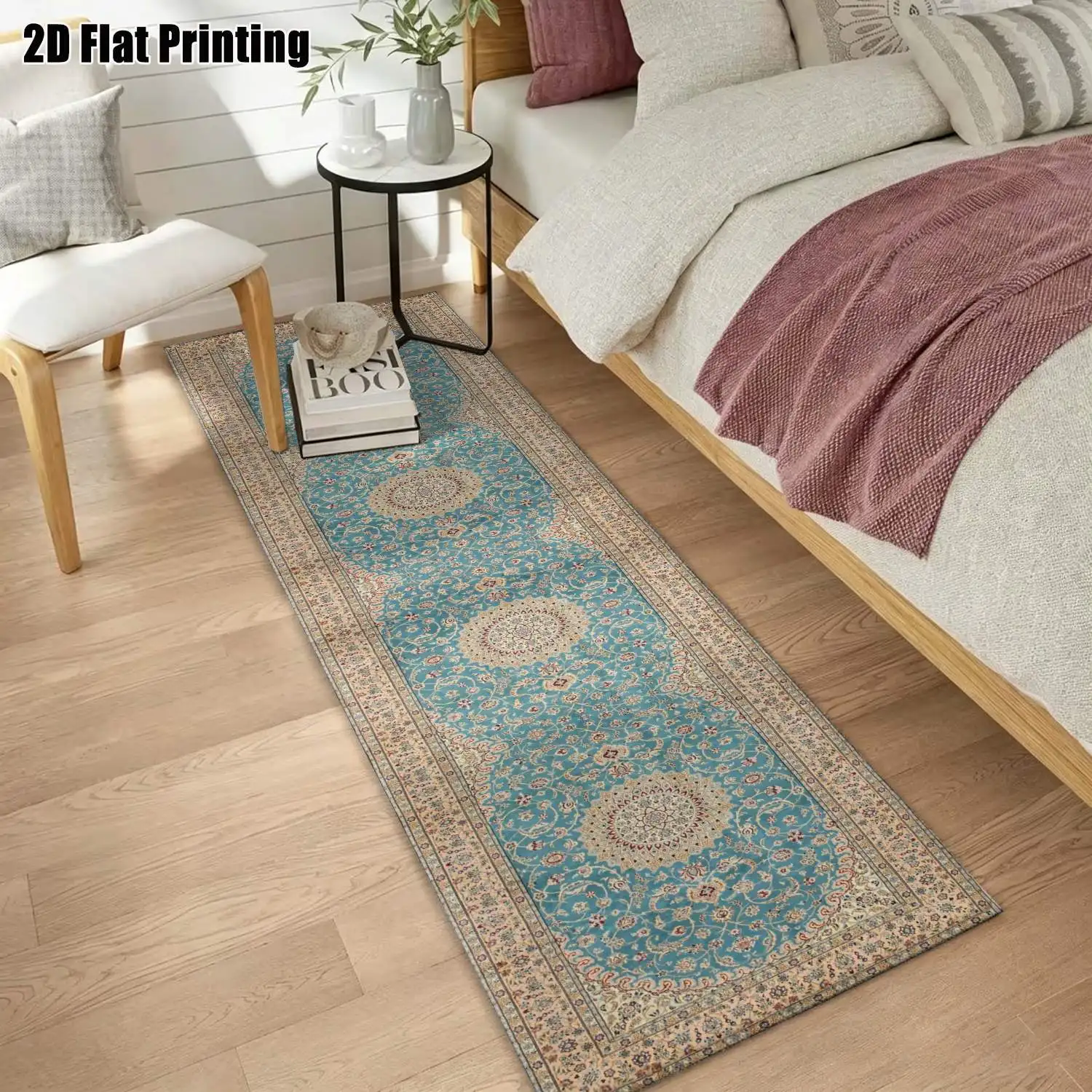 1Pc 2D Printed Long Strip Runner Carpet: Green-Blue Round Flower, Retro, Geometric Stripe, Bohemian Style Machine Washable, Multi-Size, Fits Entryway, Hallway, Living Room, Bedroom for Home Decor.