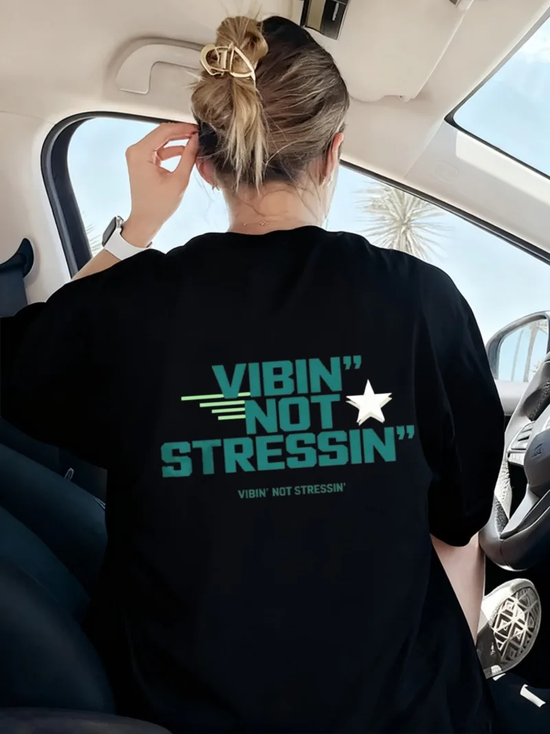 

Новая женская свободная черная футболка с короткими рукавами и буквенным принтом со звездами, подходящая для повседневных путешествий