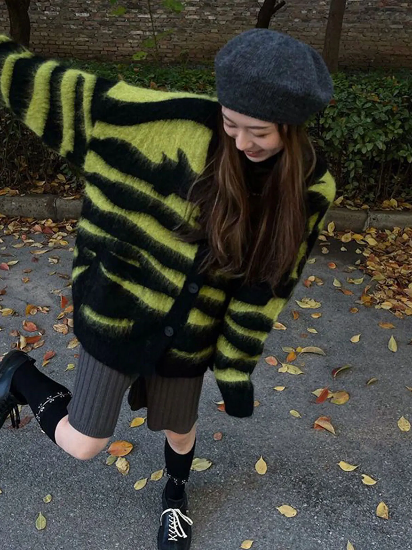 Large Size Green Striped Cashmere Sweater Women's Autumn Winter Casual V-Neck Color Block Knitted Cardigan Top Trendy - view 3