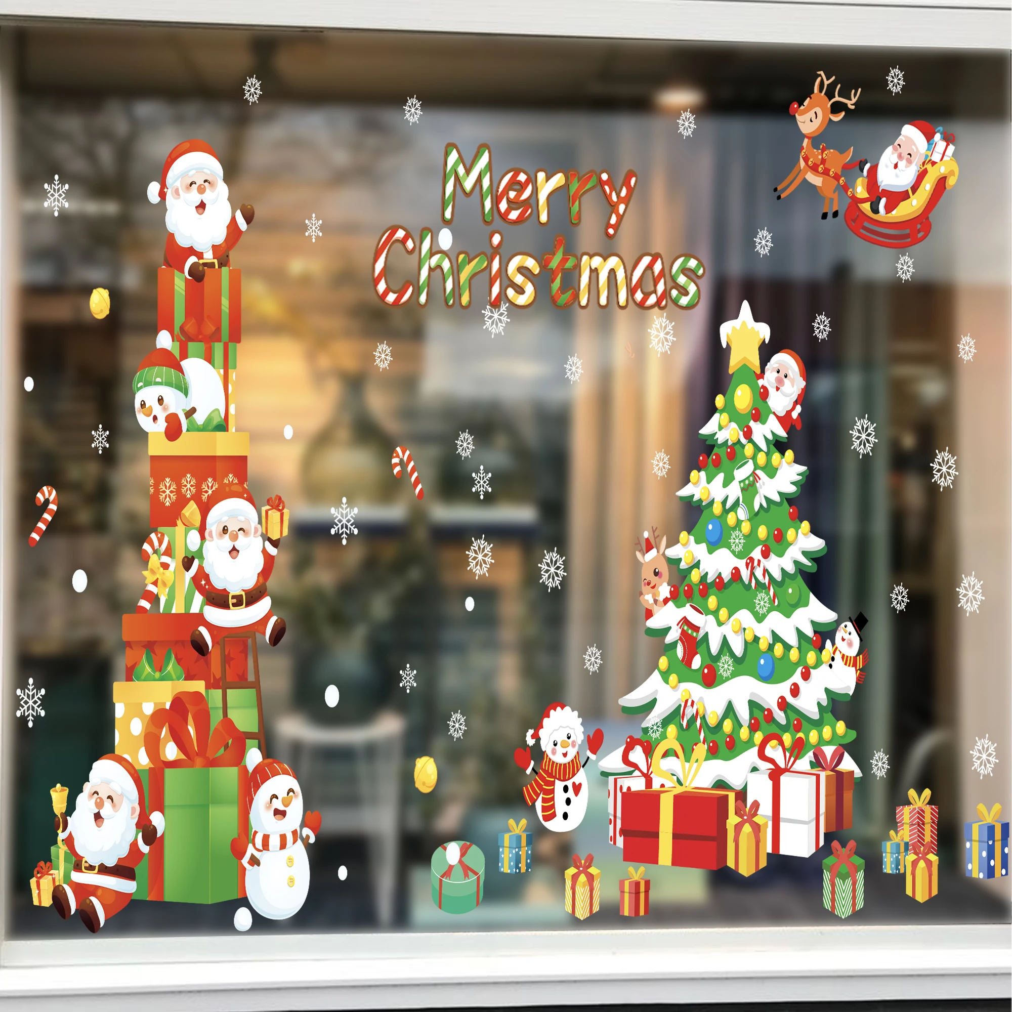 Christmas Atmosphere Glass Non-marking Stickers DIY Glass Stickers Santa Claus Gift Family Holiday Decoration Happy New Year!