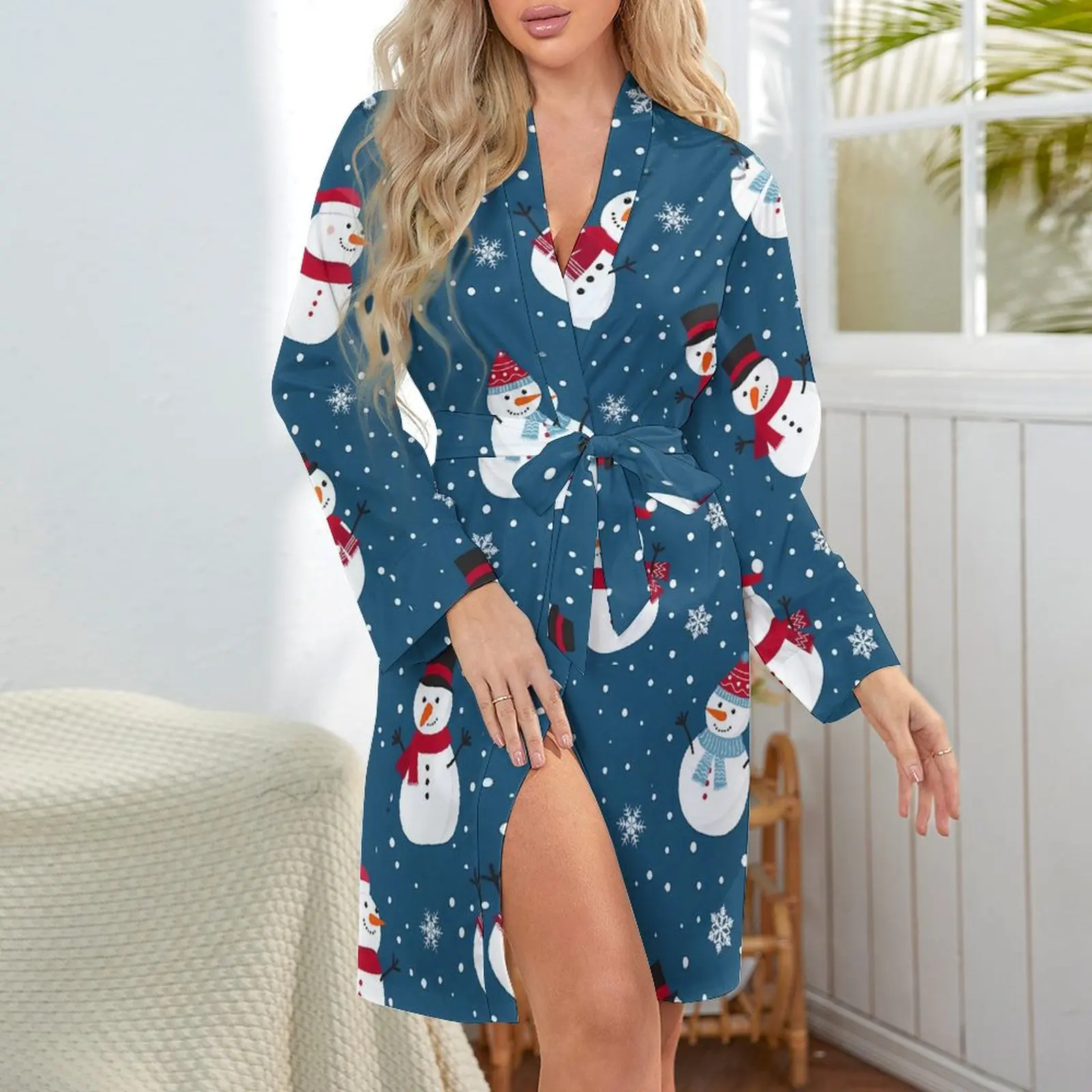 CHRISTMAS Pajama Robe WINTER SNOWMAN Long Sleeve Casual Loose Pajamas Robes Women V Neck Sexy Bathrobe Spring Custom Dresses