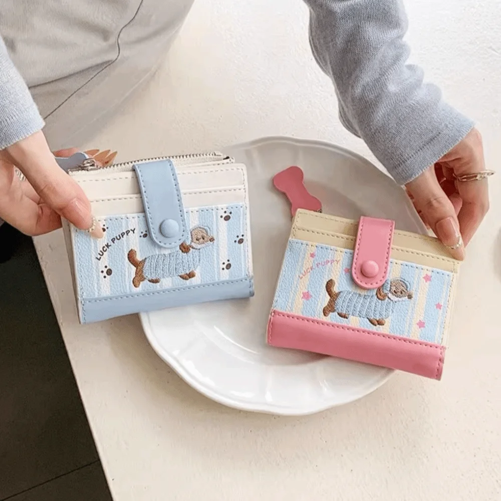 Korean Style Dachshund Printing Short Wallet Zipper Cartoon Dog Card Bag PU Dopamine Color Small Item Bag Women Girl