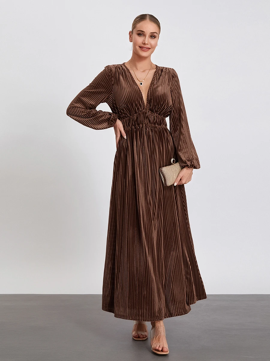 

Women s Fall Velvet Dress Long Sleeve Deep V Neck Solid Color A-Line Long Dress Vintage Flowy Dress