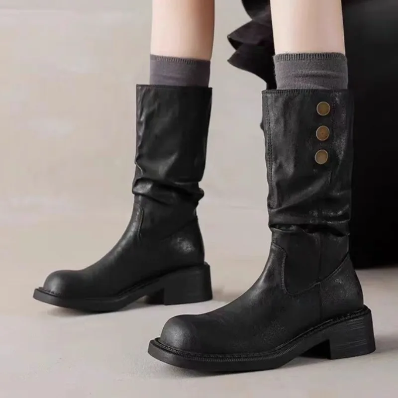 

Mid Calf Boots for Women Fashion Mid Heels Leather Shoes Designer Leather Elegant Long Boots 2025 Winter New Dress Pumps Zapatos